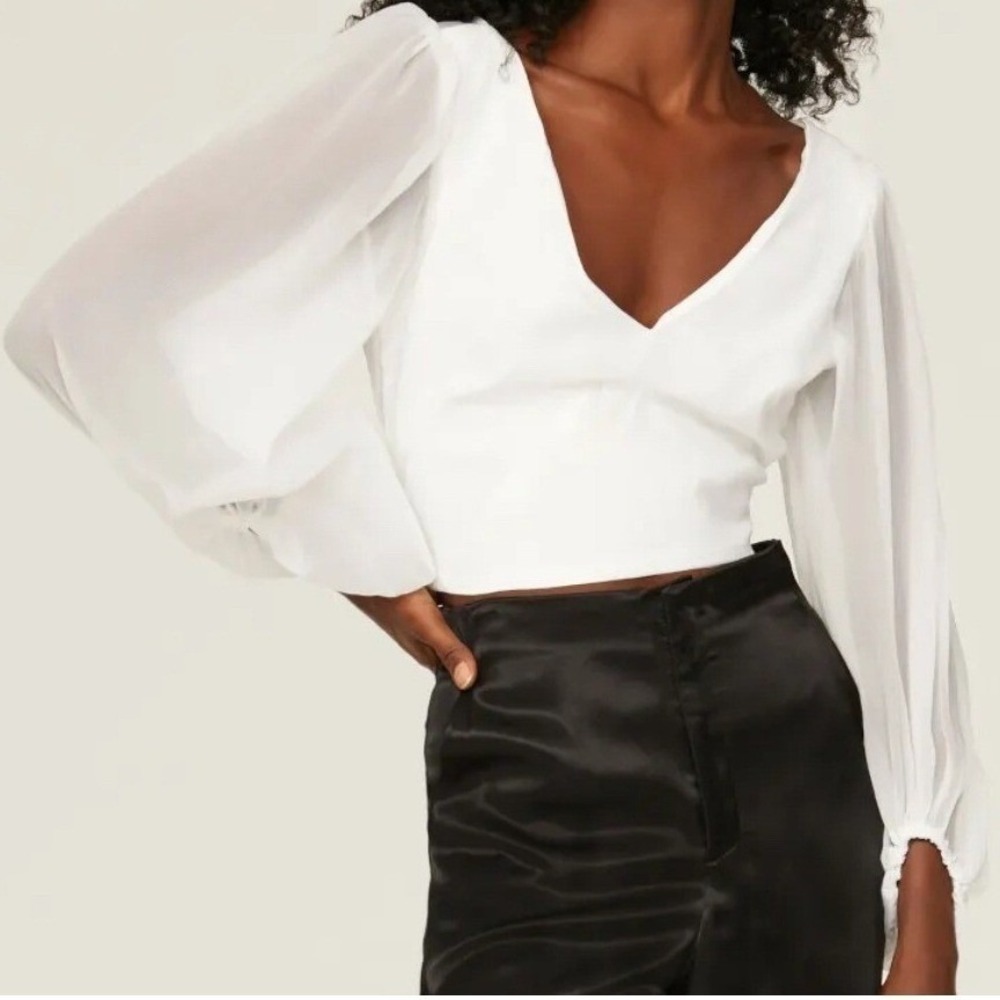 Hutch Chiffon Crop Top Women's M White Balloon Sleeve‎ Open Back Tie Blouse EUC